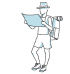 Illustration of an adventurer wearing shorts, a panama hat and a backpack. He is reading a map.