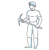 The illustration shows a miner wearing a hard hat and carrying a pick axe