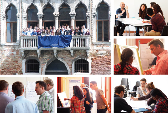 Collection of photos from the Marie Curie CAS-IDP Networking Meeting, May 2014. Clockwise from top left: whole group of researchers, supervisors and industrial partners standing outside on the balcony of Palazzo Pesaro-Papafava, Warwick in Venice; small group of ESRs mid-discussion in a training workshop; ESR talking to an academic member of staff about the poster describing her research; small group of ESRs mid-discussion during a training workshop; group of ESRs standing around a poster, pointing to its contents and mid-discussion; supervisors and industrial partners discussing the outcome of ESRs training sessions.