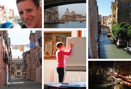  Collection of photos from the Marie Curie CAS-IDP Networking Meeting, May 2014. Clockwise from top left: close up of Matt smiling with Burano in the background; view of Santa Maria della Salute from the water of the Grand Canal; canal side view from the balcony of Palazzo Persaro-Papafava, Warwick in Venice; view from the Rialto Bridge at night time with lights glistening across the Grand Canal; Debbie writing on a flip chart during facilitation of a training session; view of a Venetian street with washing strung across the street.